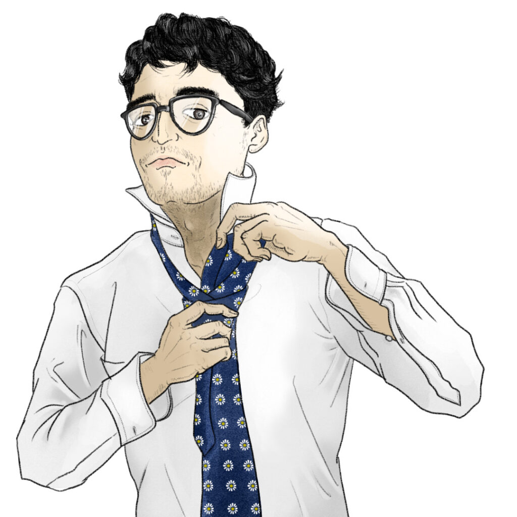 Office worker tying his tie in the morning