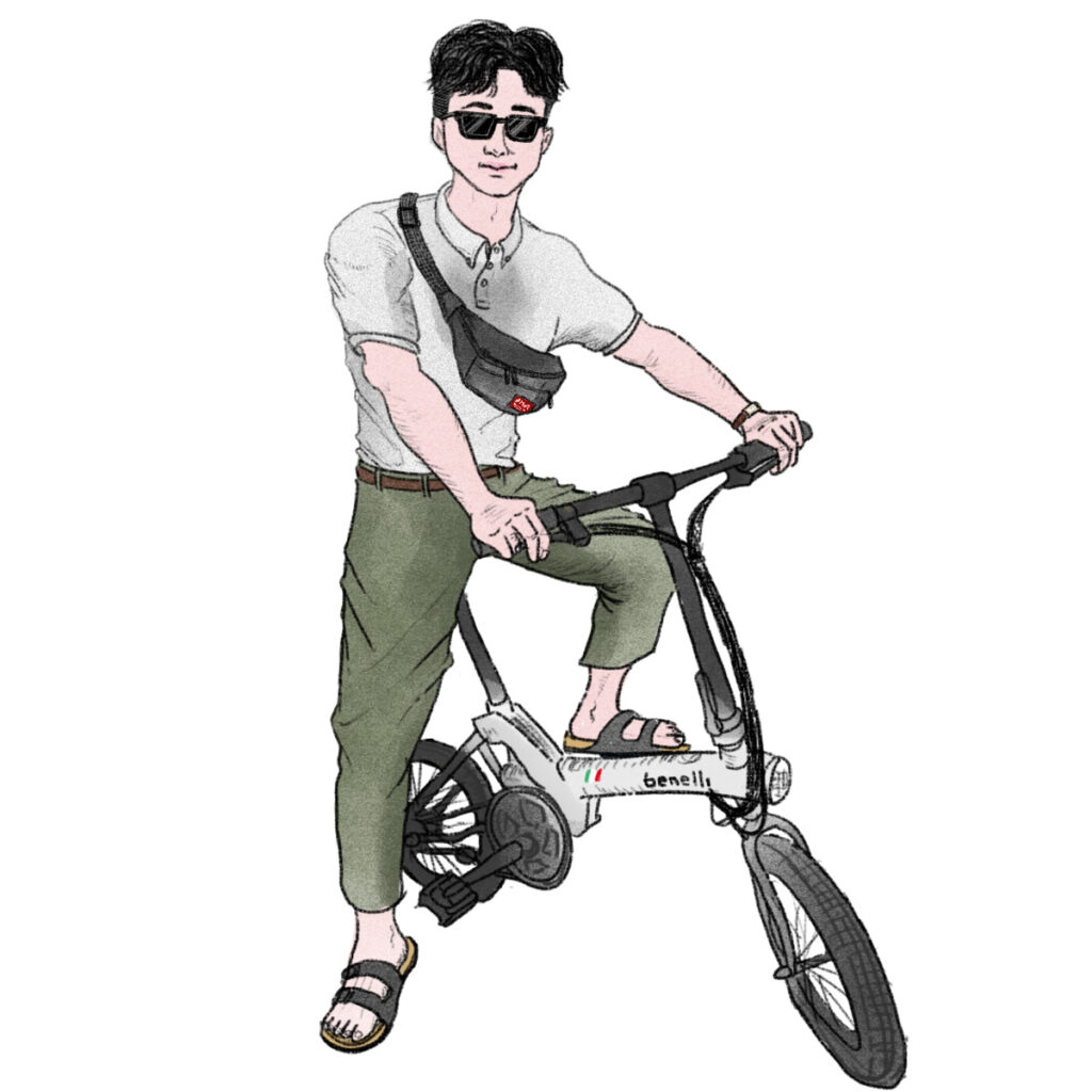 Office worker riding a bicycle on his day off
